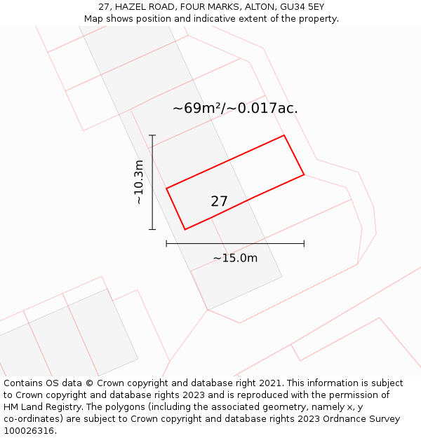 27, HAZEL ROAD, FOUR MARKS, ALTON, GU34 5EY: Plot and title map