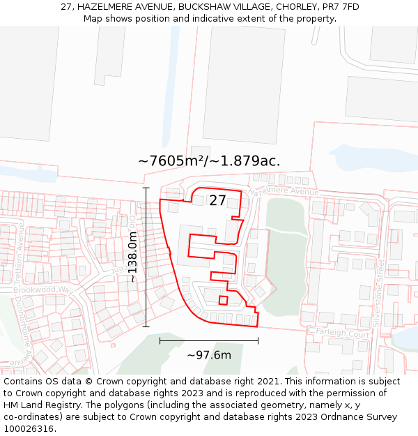 27, HAZELMERE AVENUE, BUCKSHAW VILLAGE, CHORLEY, PR7 7FD: Plot and title map