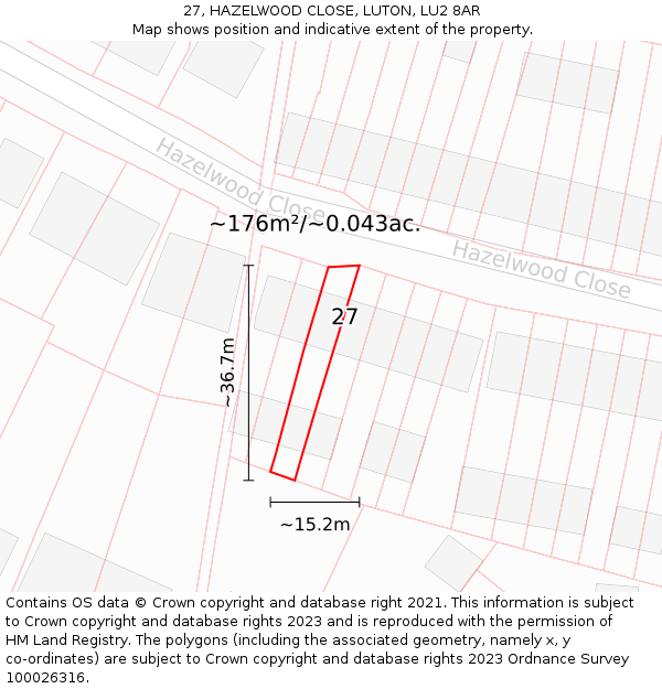 27, HAZELWOOD CLOSE, LUTON, LU2 8AR: Plot and title map