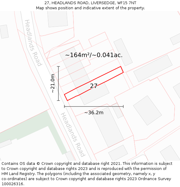 27, HEADLANDS ROAD, LIVERSEDGE, WF15 7NT: Plot and title map