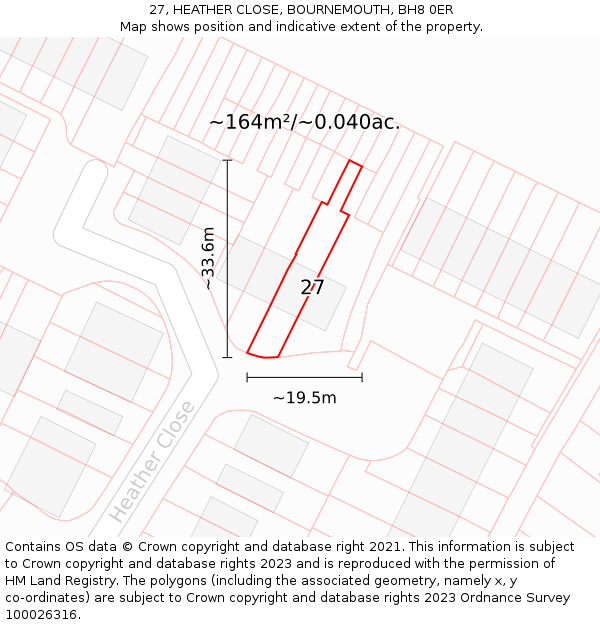27, HEATHER CLOSE, BOURNEMOUTH, BH8 0ER: Plot and title map