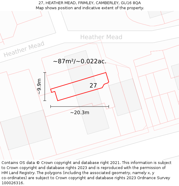 27, HEATHER MEAD, FRIMLEY, CAMBERLEY, GU16 8QA: Plot and title map