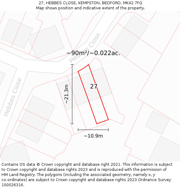 27, HEBBES CLOSE, KEMPSTON, BEDFORD, MK42 7FQ: Plot and title map