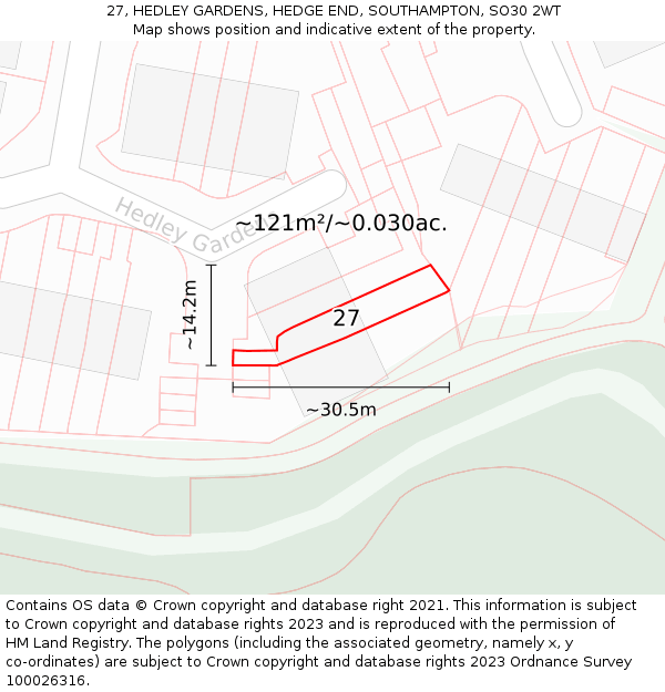 27, HEDLEY GARDENS, HEDGE END, SOUTHAMPTON, SO30 2WT: Plot and title map
