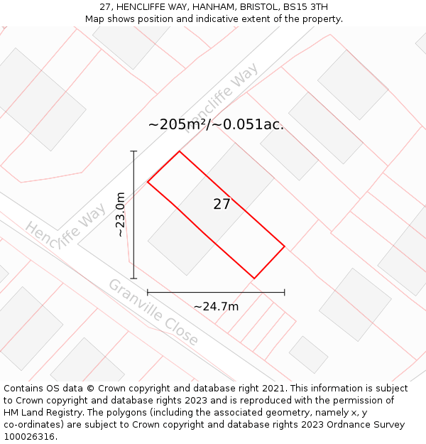 27, HENCLIFFE WAY, HANHAM, BRISTOL, BS15 3TH: Plot and title map