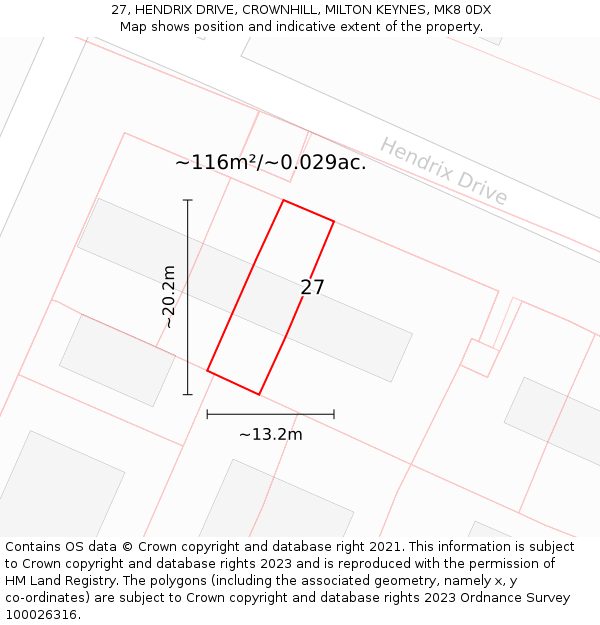 27, HENDRIX DRIVE, CROWNHILL, MILTON KEYNES, MK8 0DX: Plot and title map