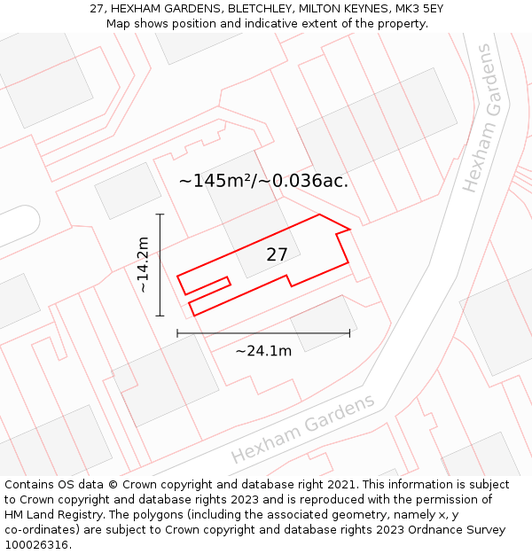 27, HEXHAM GARDENS, BLETCHLEY, MILTON KEYNES, MK3 5EY: Plot and title map