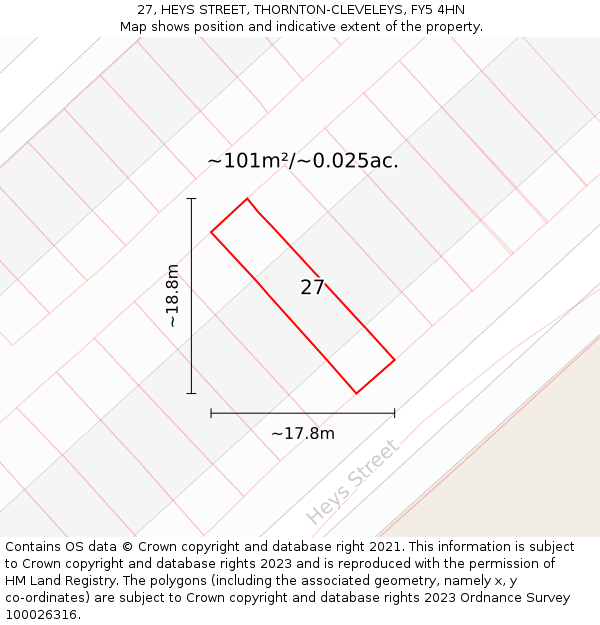 27, HEYS STREET, THORNTON-CLEVELEYS, FY5 4HN: Plot and title map