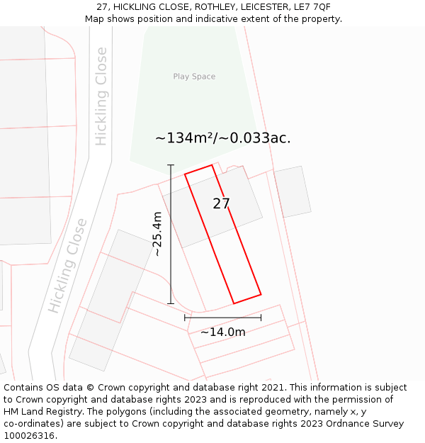 27, HICKLING CLOSE, ROTHLEY, LEICESTER, LE7 7QF: Plot and title map