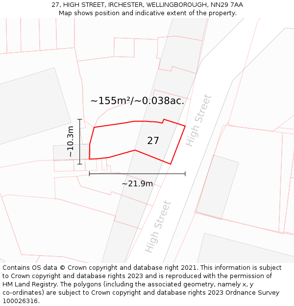 27, HIGH STREET, IRCHESTER, WELLINGBOROUGH, NN29 7AA: Plot and title map