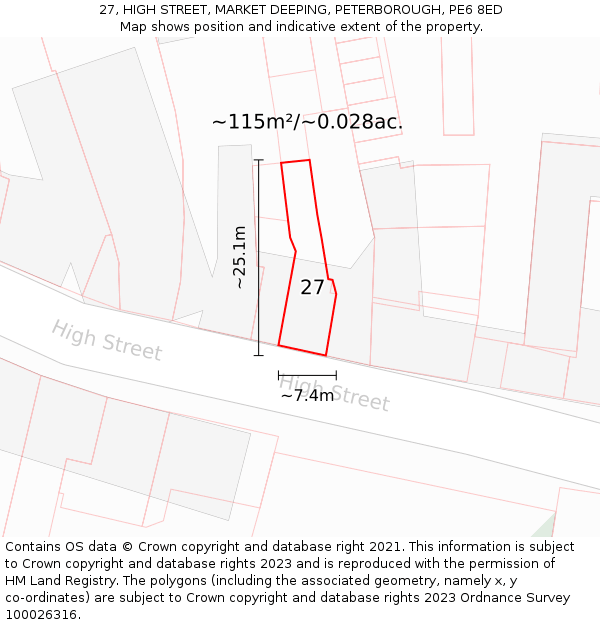 27, HIGH STREET, MARKET DEEPING, PETERBOROUGH, PE6 8ED: Plot and title map