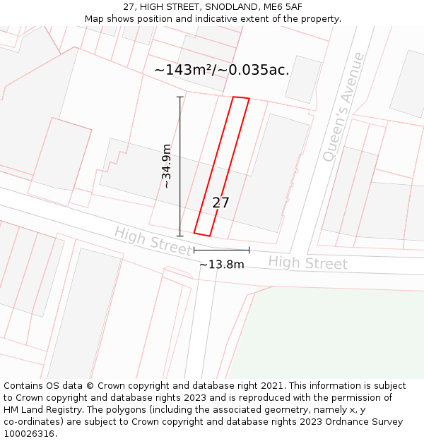 27, HIGH STREET, SNODLAND, ME6 5AF: Plot and title map