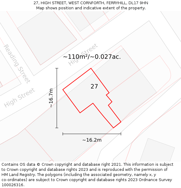 27, HIGH STREET, WEST CORNFORTH, FERRYHILL, DL17 9HN: Plot and title map