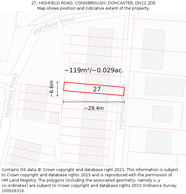 27, HIGHFIELD ROAD, CONISBROUGH, DONCASTER, DN12 2DE: Plot and title map
