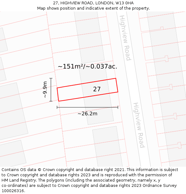 27, HIGHVIEW ROAD, LONDON, W13 0HA: Plot and title map