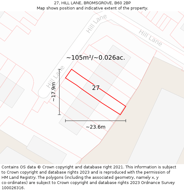 27, HILL LANE, BROMSGROVE, B60 2BP: Plot and title map