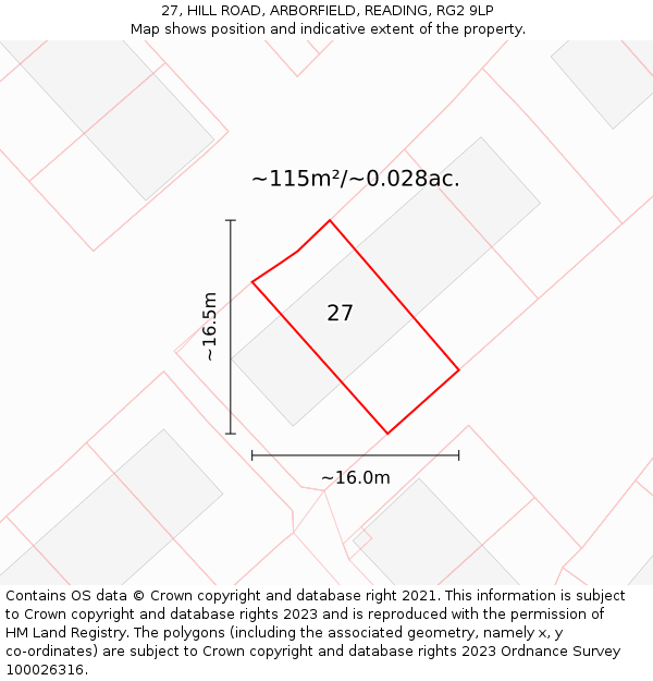 27, HILL ROAD, ARBORFIELD, READING, RG2 9LP: Plot and title map