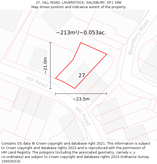 27, HILL ROAD, LAVERSTOCK, SALISBURY, SP1 1RW: Plot and title map