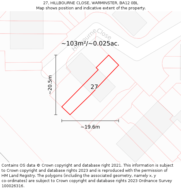 27, HILLBOURNE CLOSE, WARMINSTER, BA12 0BL: Plot and title map