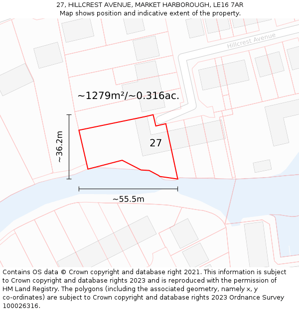 27, HILLCREST AVENUE, MARKET HARBOROUGH, LE16 7AR: Plot and title map