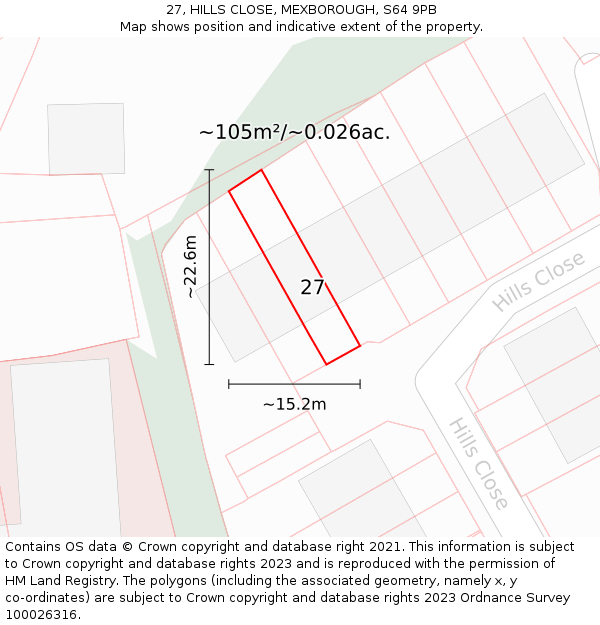 27, HILLS CLOSE, MEXBOROUGH, S64 9PB: Plot and title map