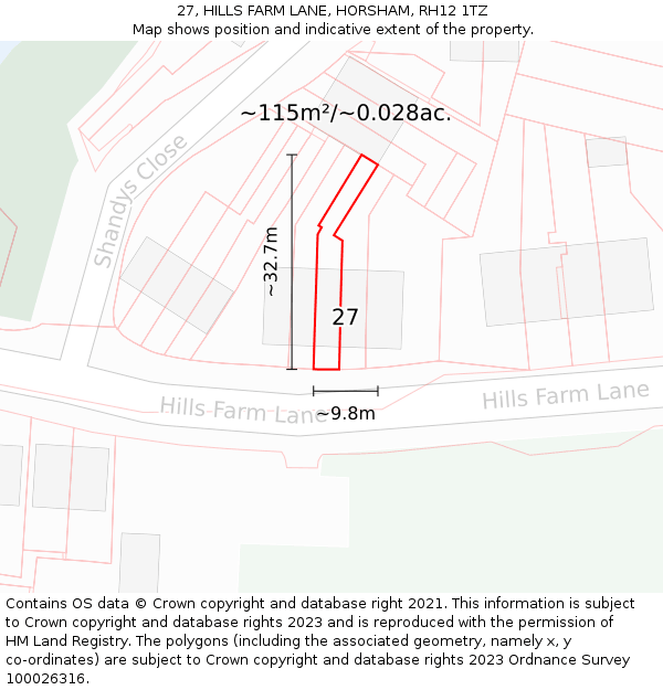 27, HILLS FARM LANE, HORSHAM, RH12 1TZ: Plot and title map