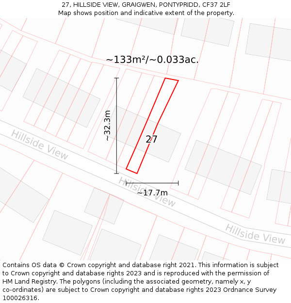 27, HILLSIDE VIEW, GRAIGWEN, PONTYPRIDD, CF37 2LF: Plot and title map