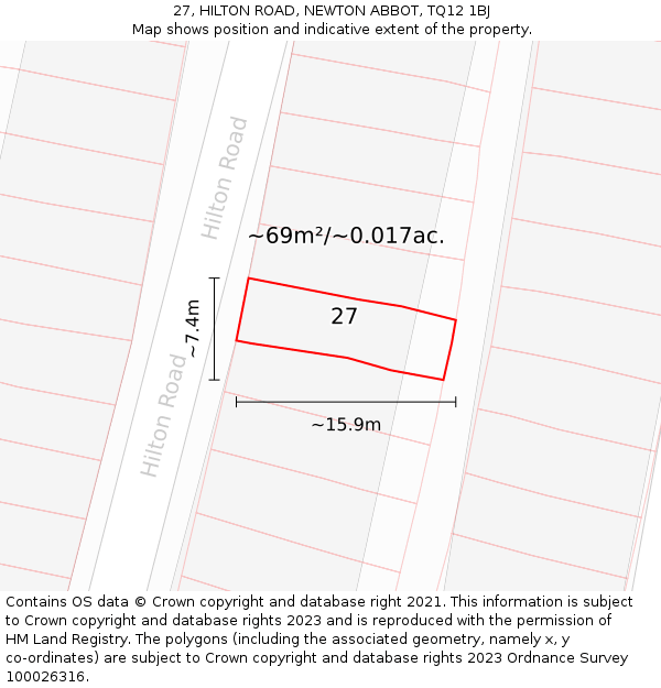27, HILTON ROAD, NEWTON ABBOT, TQ12 1BJ: Plot and title map