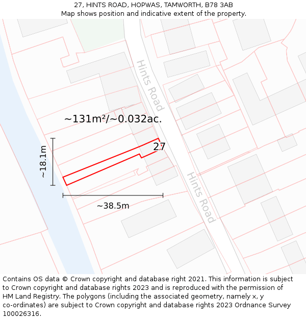 27, HINTS ROAD, HOPWAS, TAMWORTH, B78 3AB: Plot and title map
