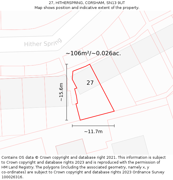 27, HITHERSPRING, CORSHAM, SN13 9UT: Plot and title map