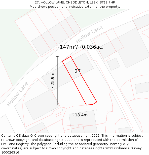27, HOLLOW LANE, CHEDDLETON, LEEK, ST13 7HP: Plot and title map