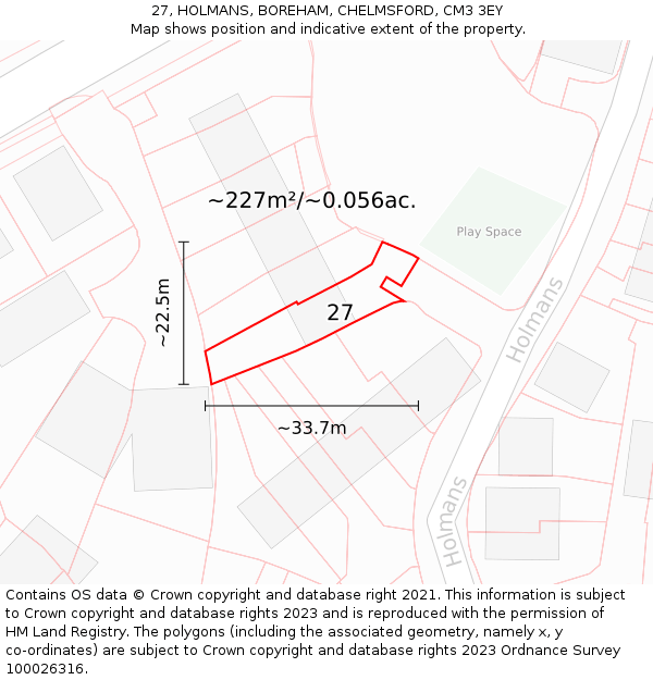 27, HOLMANS, BOREHAM, CHELMSFORD, CM3 3EY: Plot and title map