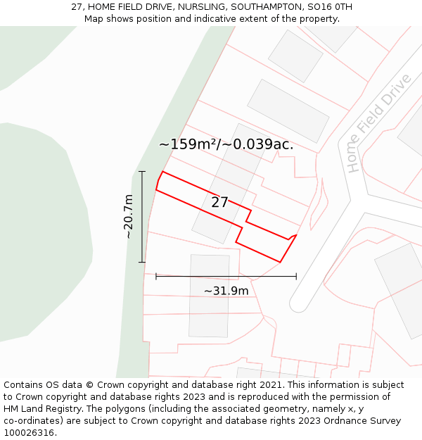 27, HOME FIELD DRIVE, NURSLING, SOUTHAMPTON, SO16 0TH: Plot and title map