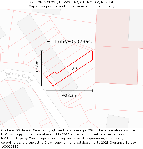 27, HONEY CLOSE, HEMPSTEAD, GILLINGHAM, ME7 3PF: Plot and title map