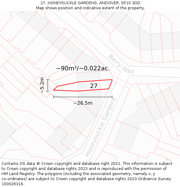 27, HONEYSUCKLE GARDENS, ANDOVER, SP10 3DD: Plot and title map