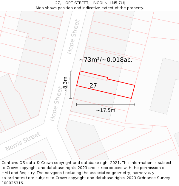 27, HOPE STREET, LINCOLN, LN5 7UJ: Plot and title map