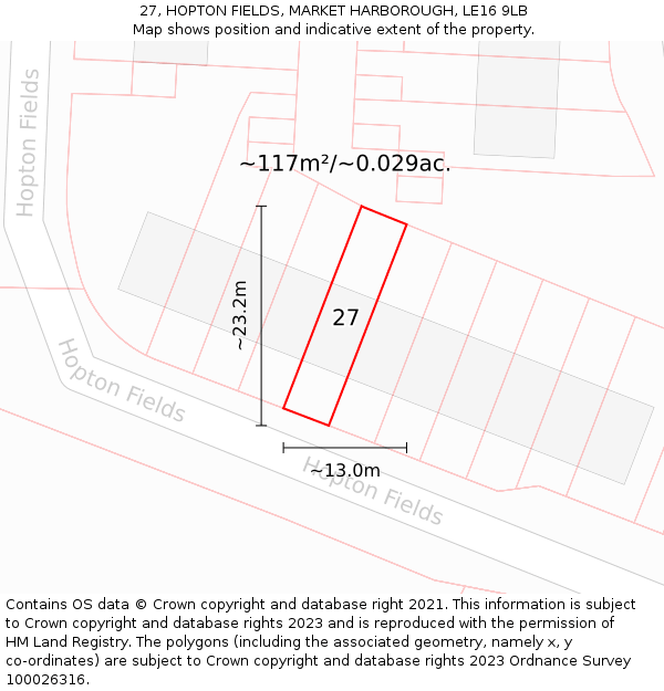 27, HOPTON FIELDS, MARKET HARBOROUGH, LE16 9LB: Plot and title map