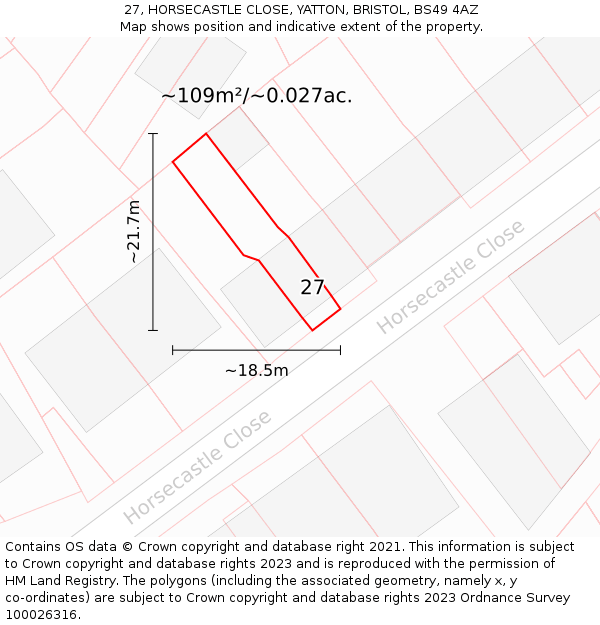 27, HORSECASTLE CLOSE, YATTON, BRISTOL, BS49 4AZ: Plot and title map