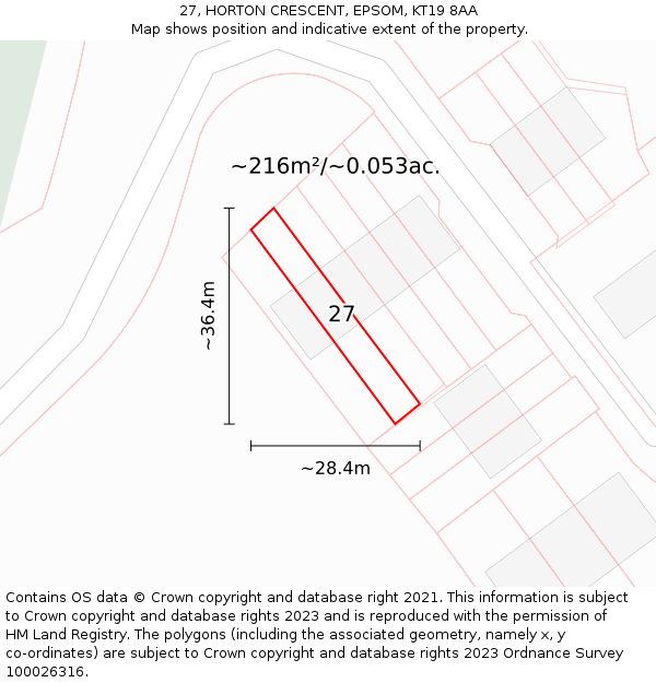 27, HORTON CRESCENT, EPSOM, KT19 8AA: Plot and title map