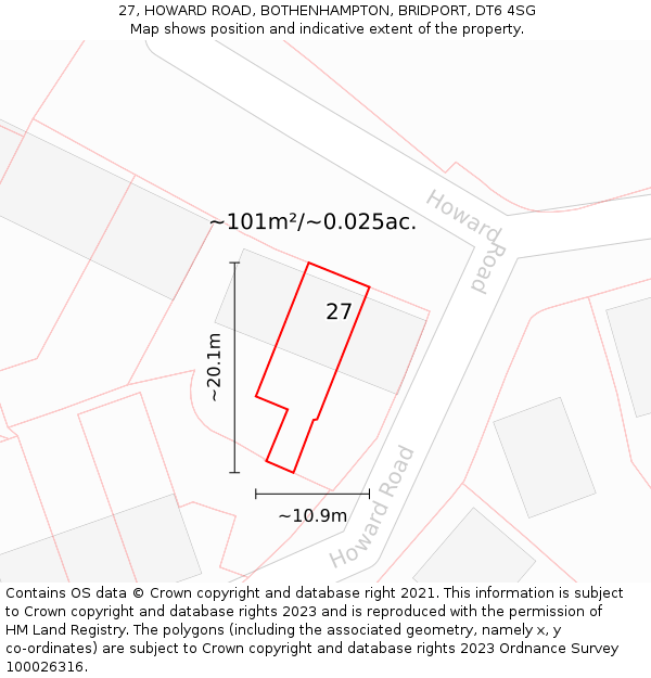 27, HOWARD ROAD, BOTHENHAMPTON, BRIDPORT, DT6 4SG: Plot and title map