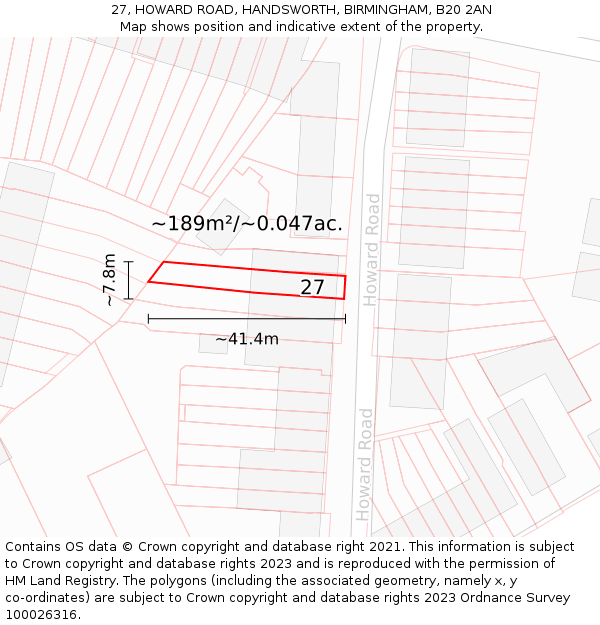 27, HOWARD ROAD, HANDSWORTH, BIRMINGHAM, B20 2AN: Plot and title map