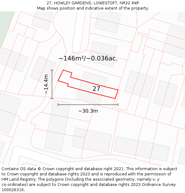 27, HOWLEY GARDENS, LOWESTOFT, NR32 4WF: Plot and title map