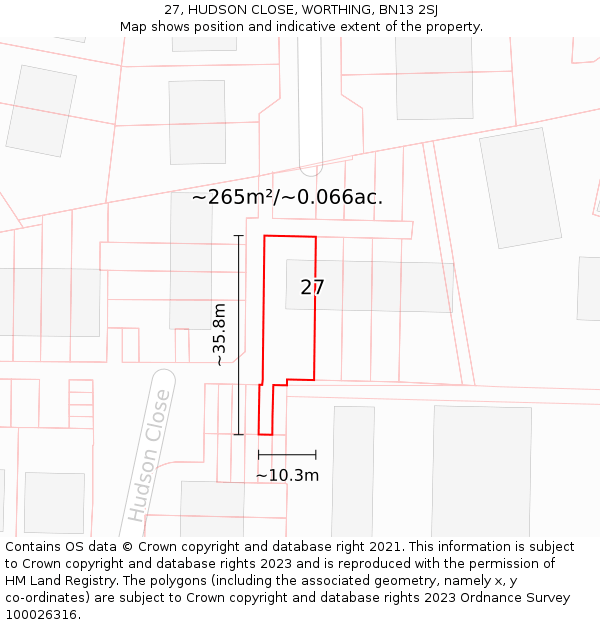 27, HUDSON CLOSE, WORTHING, BN13 2SJ: Plot and title map