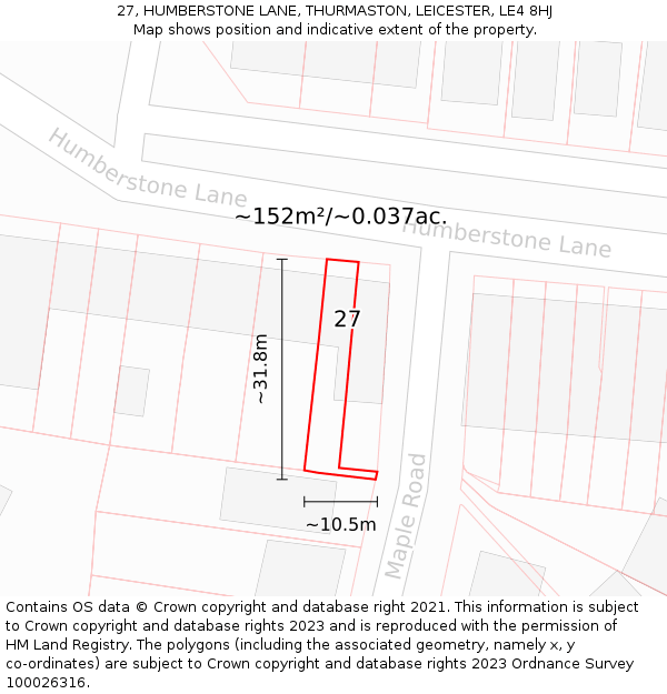 27, HUMBERSTONE LANE, THURMASTON, LEICESTER, LE4 8HJ: Plot and title map