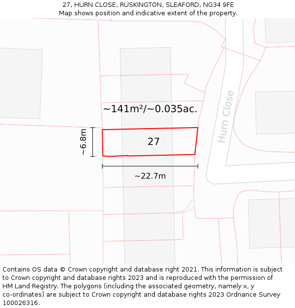 27, HURN CLOSE, RUSKINGTON, SLEAFORD, NG34 9FE: Plot and title map