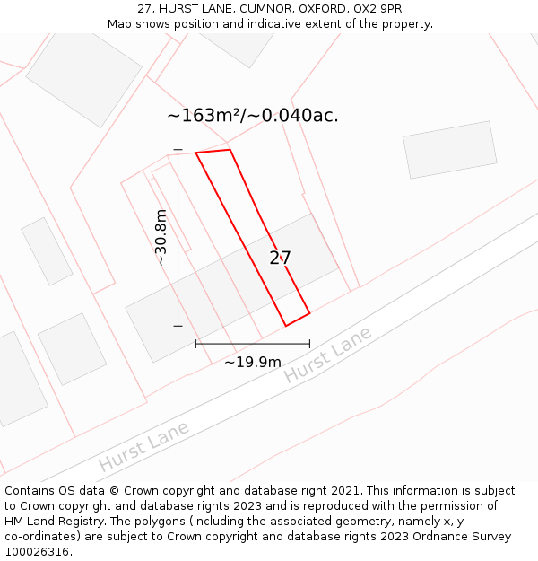 27, HURST LANE, CUMNOR, OXFORD, OX2 9PR: Plot and title map