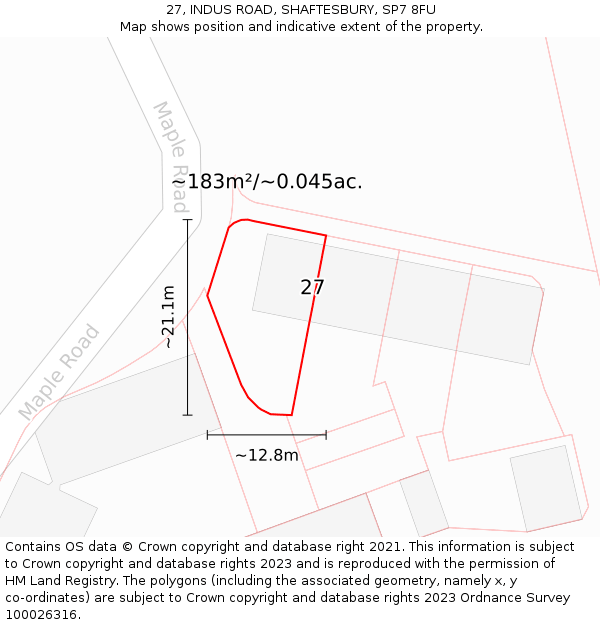 27, INDUS ROAD, SHAFTESBURY, SP7 8FU: Plot and title map