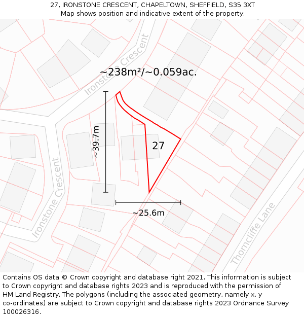 27, IRONSTONE CRESCENT, CHAPELTOWN, SHEFFIELD, S35 3XT: Plot and title map