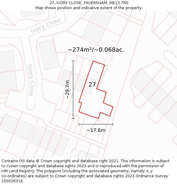 27, IVORY CLOSE, FAVERSHAM, ME13 7RS: Plot and title map