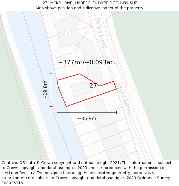 27, JACKS LANE, HAREFIELD, UXBRIDGE, UB9 6HE: Plot and title map